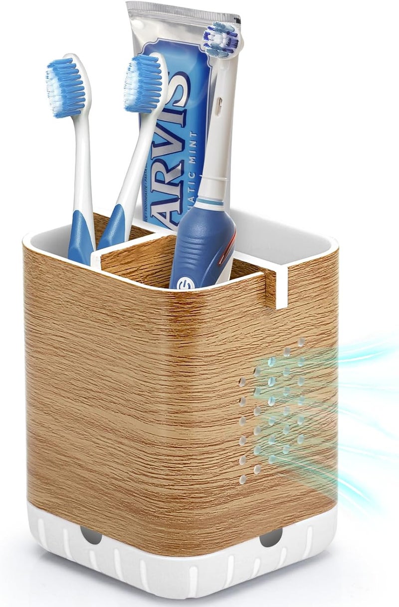 Boperzi Toothbrush Holders for Bathrooms Organizer Countertop, Detachable Anti-Slip Electric Toothbrush Holders for Kids, Toothbrush and Toothpaste Holder Storage Caddy Drainage for Shower Wood Grain - Image 1